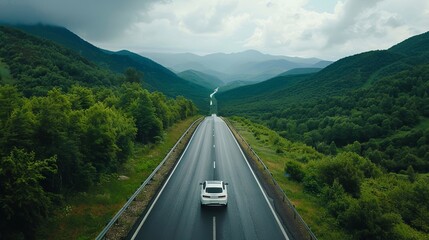 The car speeds along the highway through the mountains, heading towards adventure