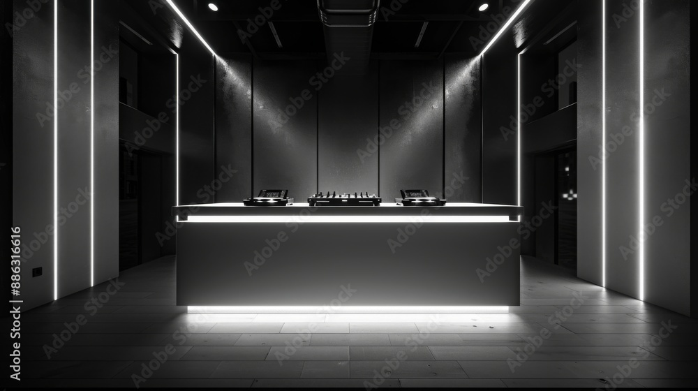 Aufkleber a minimalist nightclub dj booth with a white counter top and white lights illuminating the space. th