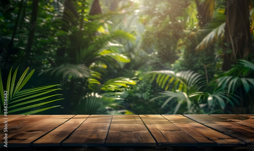 Wall mural wooden table top on blur tropical forest background with bokeh light.