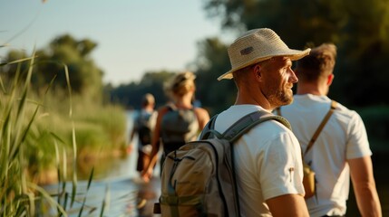 Fototapeta premium Several individuals are hiking together, walking along a path surrounded by vibrant green plants and a water body, reflecting a sense of adventure and unity in nature.