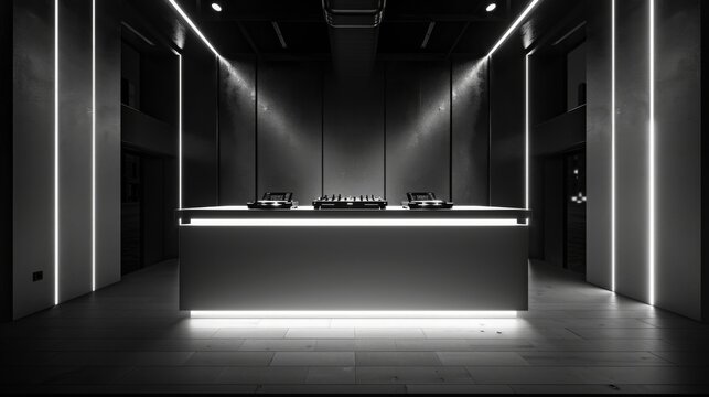 A minimalist nightclub DJ booth with a white counter top and white lights illuminating the space. Three DJ mixers are set up on the counter.