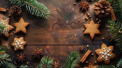 Christmas background with fir tree and gingerbread on wooden background
