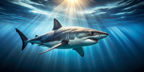 Fototapeta premium Majestic shark swimming in the deep sea , shark, underwater, ocean, predator, fins, teeth, marine life, danger