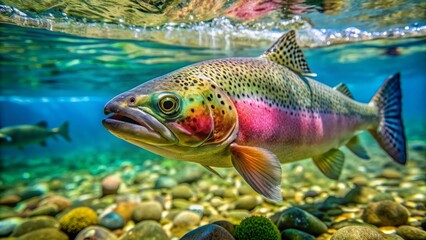 Naklejka premium A close-up photo of a vibrant trout fish swimming in clear water, trout, fish, animal, underwater, wildlife, nature, colorful