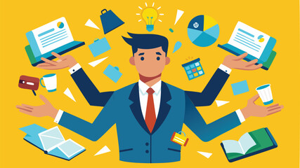 Overwhelmed Businessman Covered in Sticky Notes, Juggling Too Many Ideas and Tasks