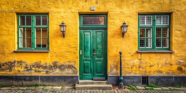 Old yellow grunge house with green door in Nyboder district, Copenhagen , Nyboder, Copenhagen, Denmark, Old, Grunge