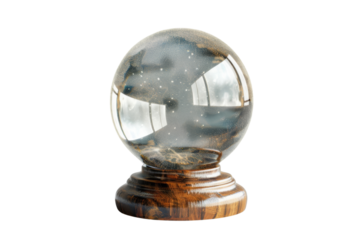 Glass Sphere with Wooden Base and Cloudy Sky Reflection