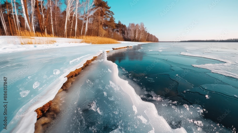 Poster a vast frozen lake with visible cracked ice formations running through the center, surrounded by sno