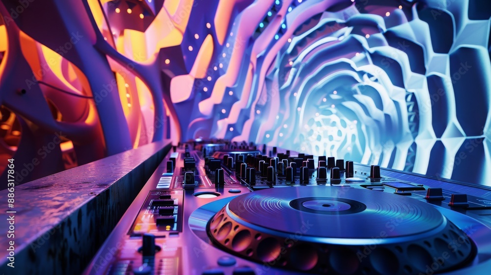Aufkleber a dj mixer sits on a table in a neon-lit club, with a swirling light pattern in the background.