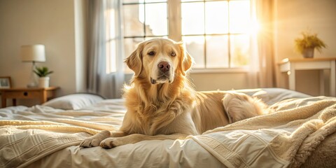 Obraz premium A golden retriever lounging on a neatly made bed in a sunlit bedroom, exudes coziness and contentment, golden retriever, dog