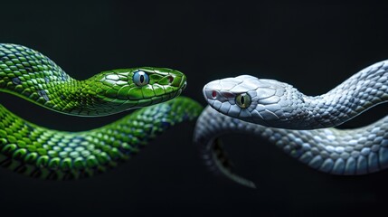 Obraz premium Green and White Snakes Facing Each Other