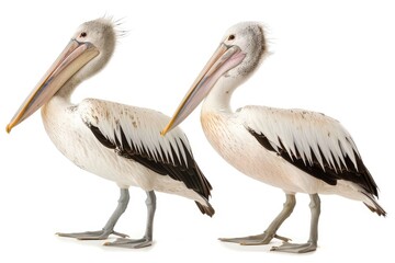 Obraz premium Two White Pelicans Standing Side-by-Side Against a White Background