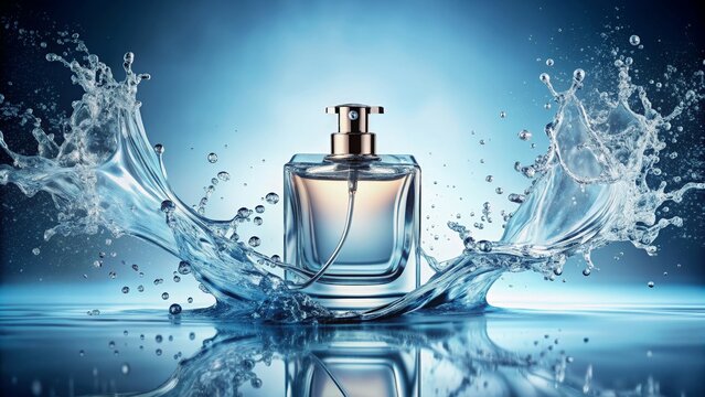 Perfume bottle elegantly immersed in dynamic splashes of water, perfume, fragrance, bottle, water, splashes, elegant, luxury