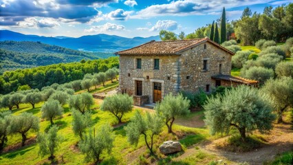Fototapeta premium Rustic house in olive grove nestled in scenic landscape, Maison, champ, oliviers, paysage, champ?tre
