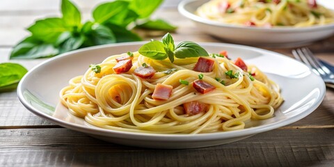 Spaghetti carbonara with fresh basil leaves, pasta, Italian, meal, food, cooking, bacon, cream sauce, gourmet, homemade