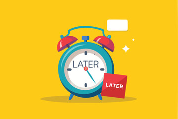 Procrastination Concept: Sticky Note with "Later" Written on It, Attached to an Alarm Clock on Bright Yellow Background