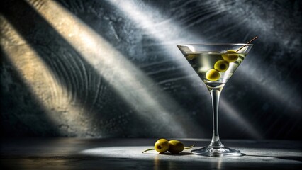 Classic vodka martini with green olive garnish on a dark background with bright hard light and shadow pattern , cocktail