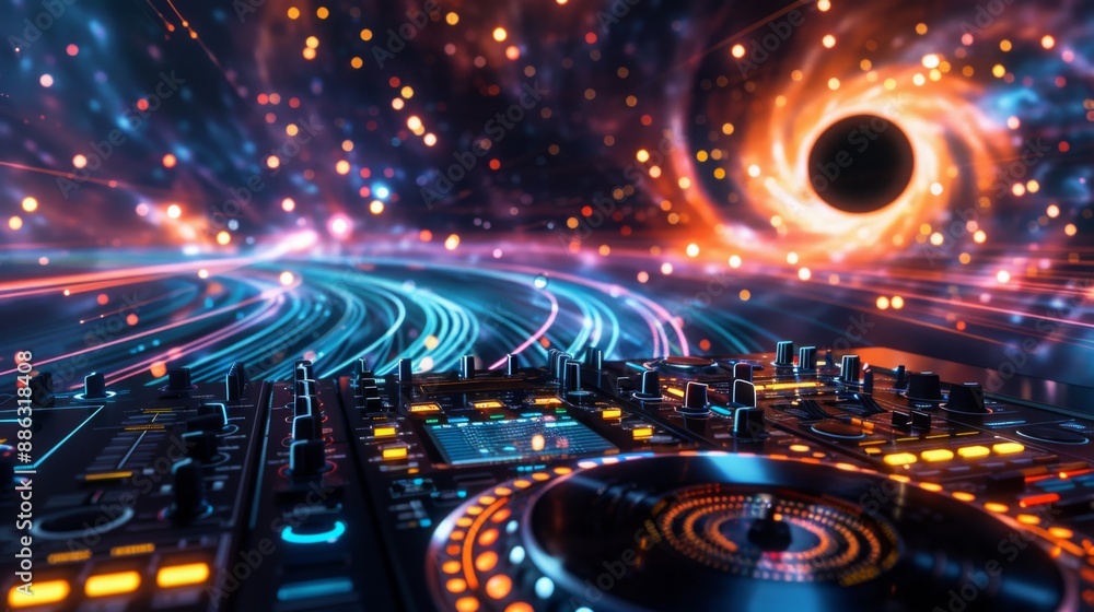 Poster a close-up view of a dj mixer with a swirling black hole and colorful lights in the background.