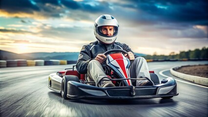 Man racing on karting track at full speed wearing helmet and driver suit, karting, race, speed, adrenaline, competition, sport