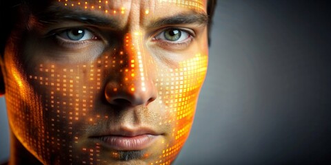 Close-up of a face with orange digital data code projected on skin, facial recognition, technology, data, information