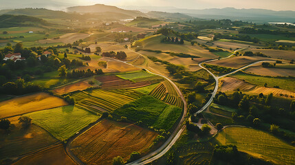 Aerial View of Picturesque Rural Landscape at Sunset