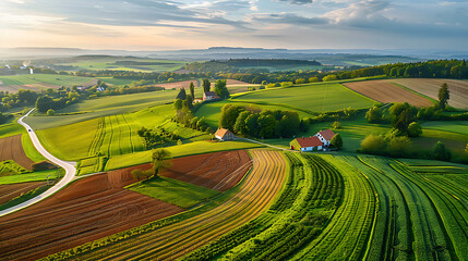 Aerial View of Picturesque Rural Landscape at Sunset