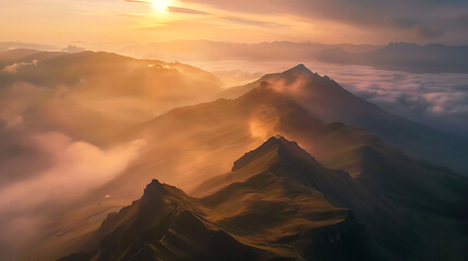 Stunning Drone Photograph of Mountain Range During Sunrise