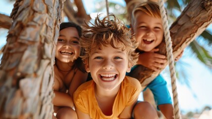 Three joyous kids climb and play in a tree, surrounded by nature, sharing a moment of laughter and energy during a sunny day, portraying friendship and adventure.