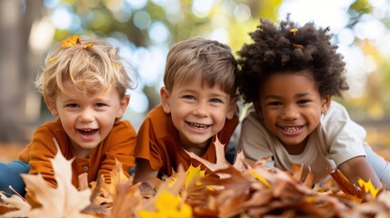 Three kids lay and play in the autumn leaves, dressed in warm clothes, representing joyful moments of togetherness and playfulness during the fall season.
