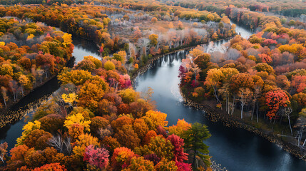 High Angle Drone Shot of Vibrant Autumn Forest with River
