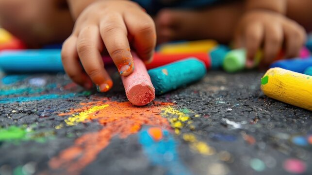 A child intensely focused on drawing with vibrant chalk on the outdoor pavement, expressing creativity and enjoying the tactile sensation of chalking on the concrete surface.