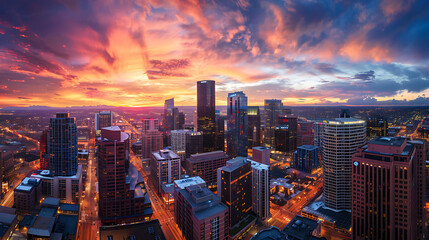 Stunning City Skyline at Dusk with Illuminated Skyscrapers