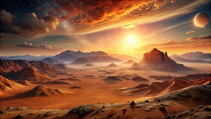 Naklejka premium Sunset over Mars mountains, stunning view from the valley, Mars, mountains, sunset, valley, red planet