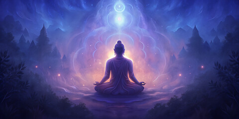 An ethereal scene depicting a person meditating on a mountain, surrounded by an aura of light and energy. The backdrop is a mystical night sky with stars and celestial elements