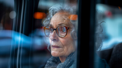 Fototapeta premium Portrait of an elderly woman driving a taxi to meet friends, poster with concept of caring for elderly community members