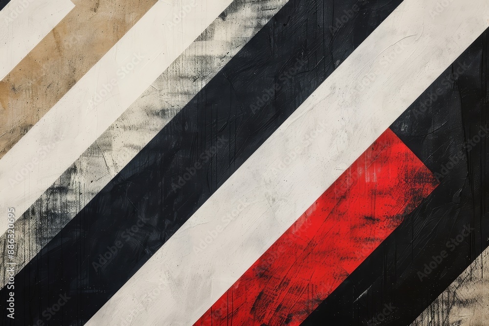 Poster an abstract painting featuring diagonal black, white, red, and grey stripes in a contemporary style,