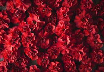 Fototapeta premium Red Carnations Flower Background Flat Lay