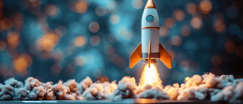 A rocket launching from a laptop screen, symbolizing a startup's rapid growth. 