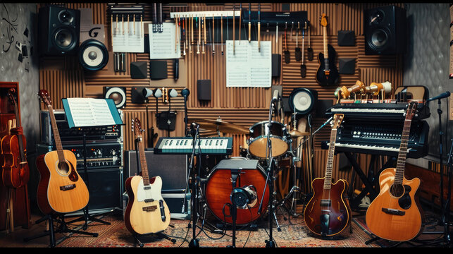 A music room with guitars, violins, keyboards, drums, sheet music stands, theory books, soundproof panels