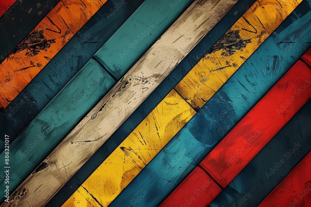 Poster a wooden wall featuring a vibrant display of red, yellow, blue, and green colors in a diagonal patte