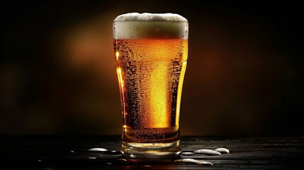 Frosty Glass Of Refreshing Beer With A Foamy Head Against Dark Background