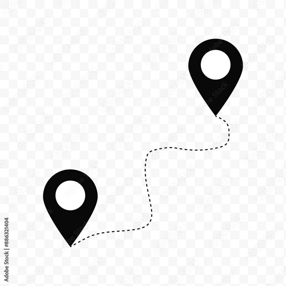 Poster route icon - two points with dotted path and location pin. route location icon two pin sign and dott