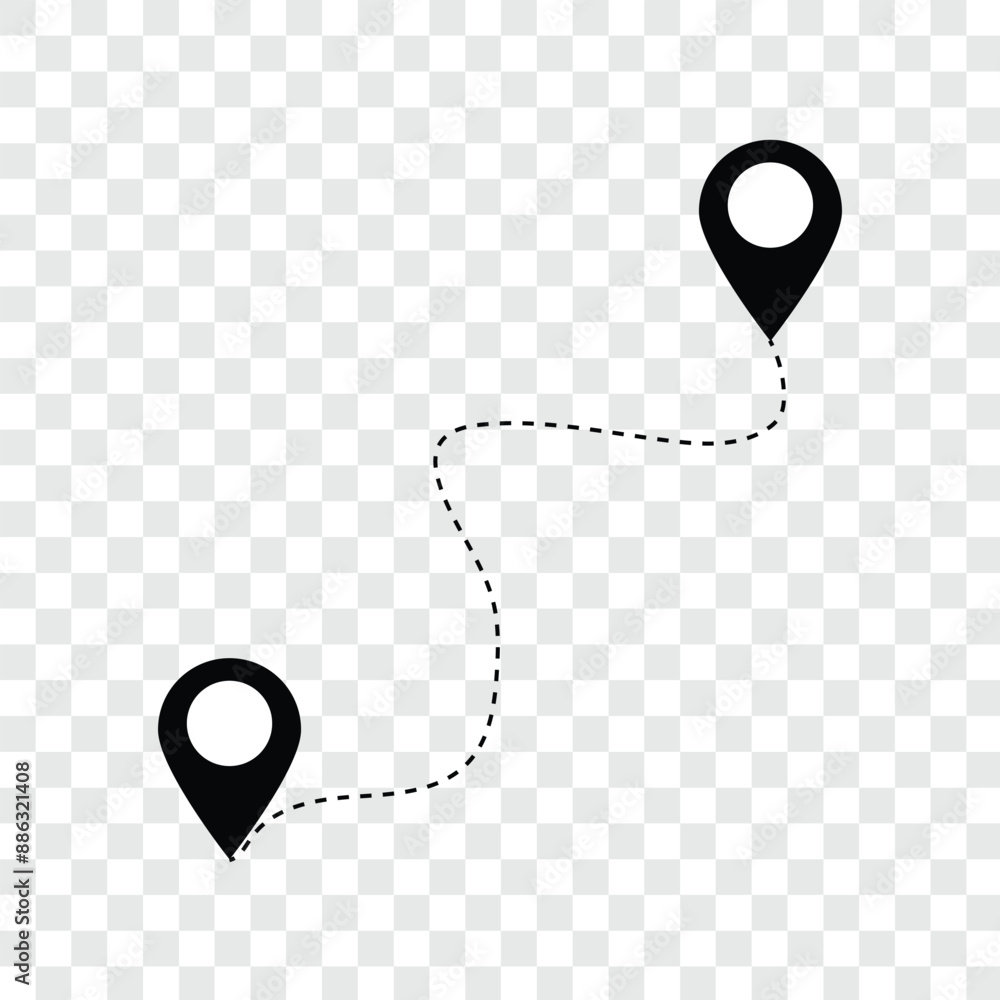Poster route icon - two points with dotted path and location pin. route location icon two pin sign and dott