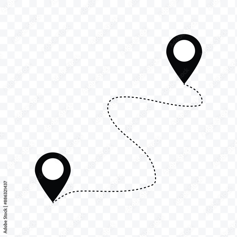 Poster route icon between two points with dotted path and location pin. location pointer continuous one lin
