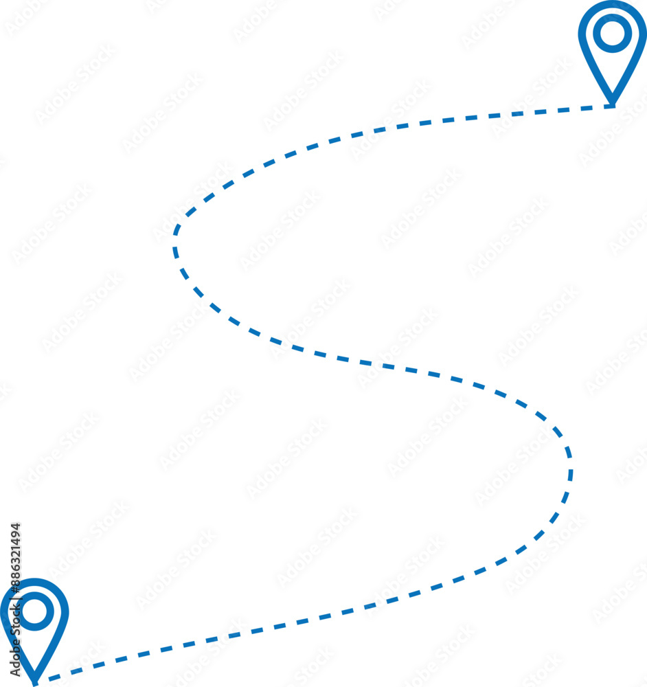 Poster route icon between two points with dotted path and location pin. location pointer continuous one lin