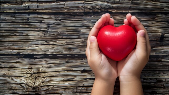 Child's Hands Holding Red Heart Shape on Wooden Table. Heart Health Concept for World No Tobacco Day and World Heart Day