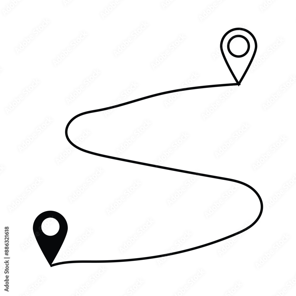 Poster route icon between two points with dotted path and location pin. location pointer continuous one lin