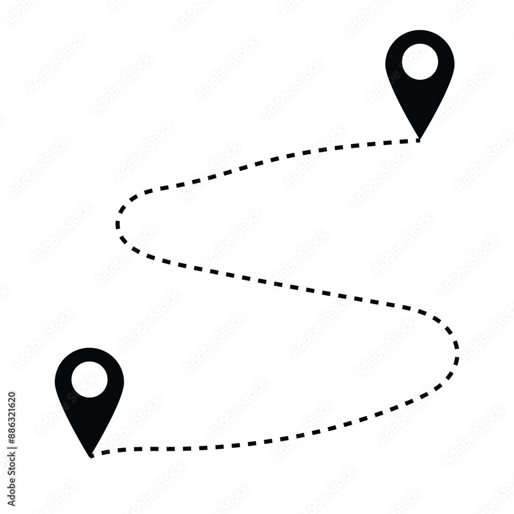 Poster route icon between two points with dotted path and location pin. location pointer continuous one lin