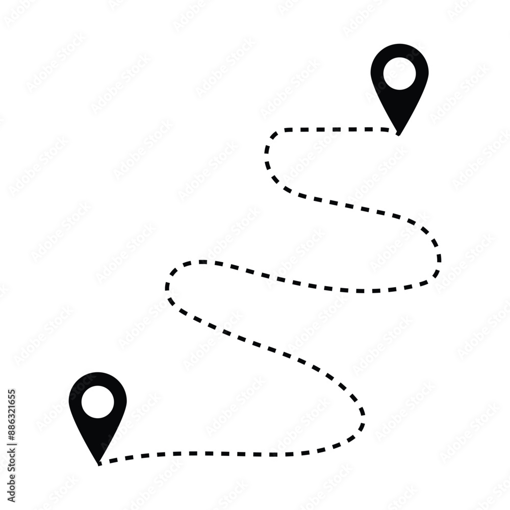 Poster route icon between two points with dotted path and location pin. location pointer continuous one lin