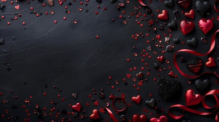 Black Background Valentines Day Red Hearts Flat Lay